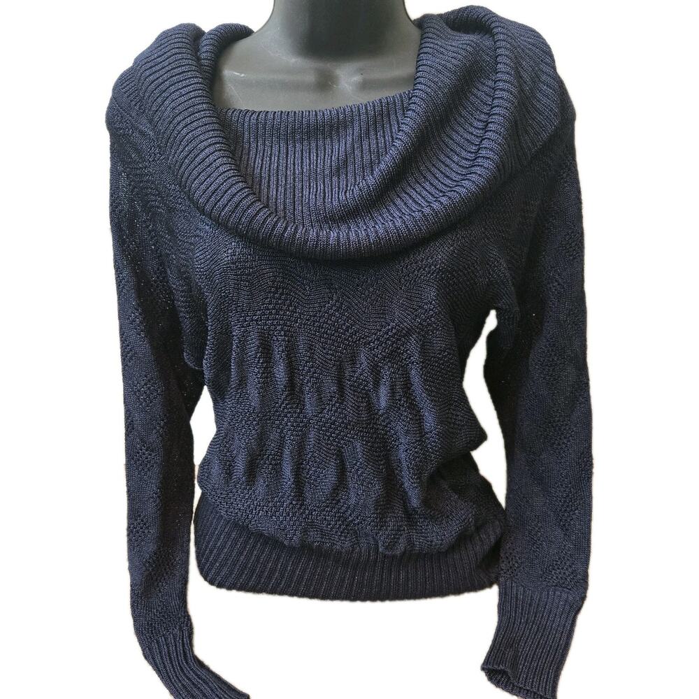 Cache Navy Blue Cowl Neck Cable Knit Sweater